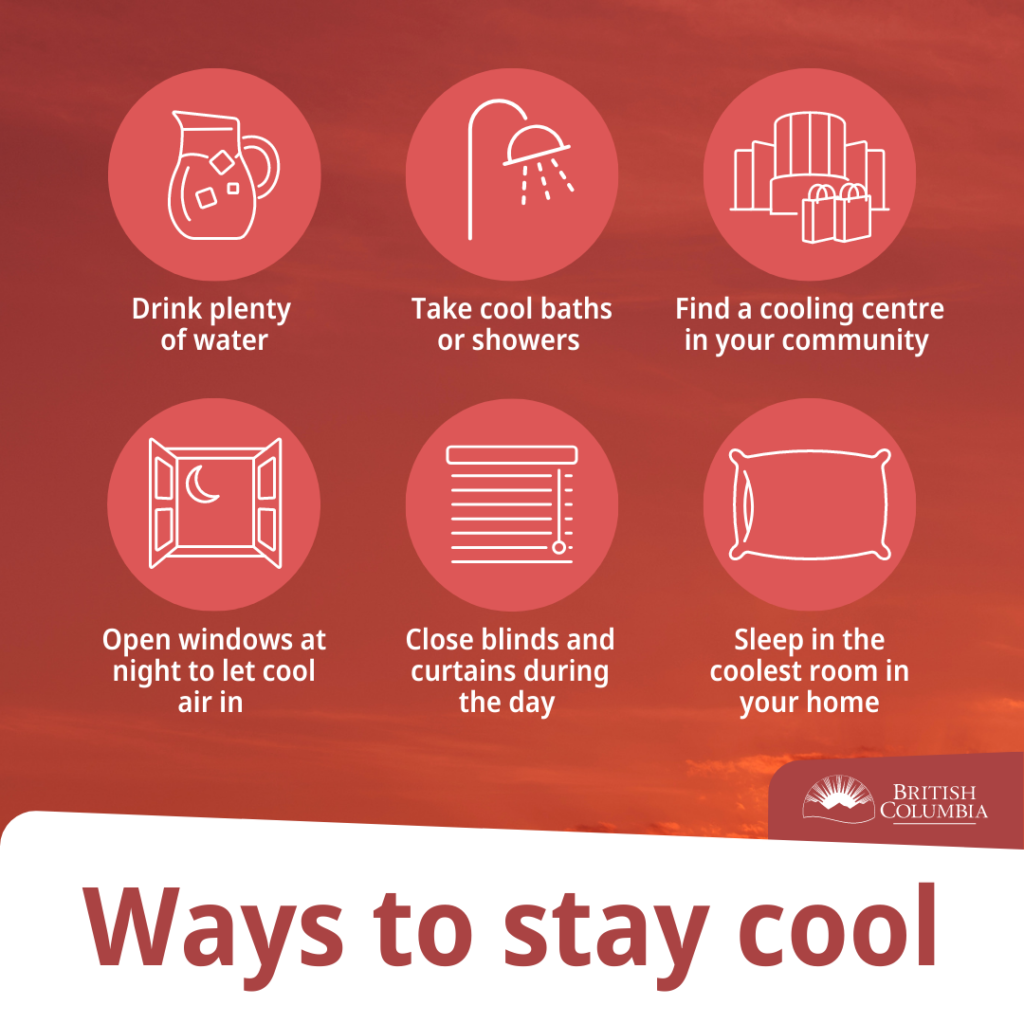 Drink plenty of water; take cool baths or showers; find a cooling centre in your community; open windows at night to let cool air in; close blinds and curtains during the day; sleep in the coolest room in  your house.